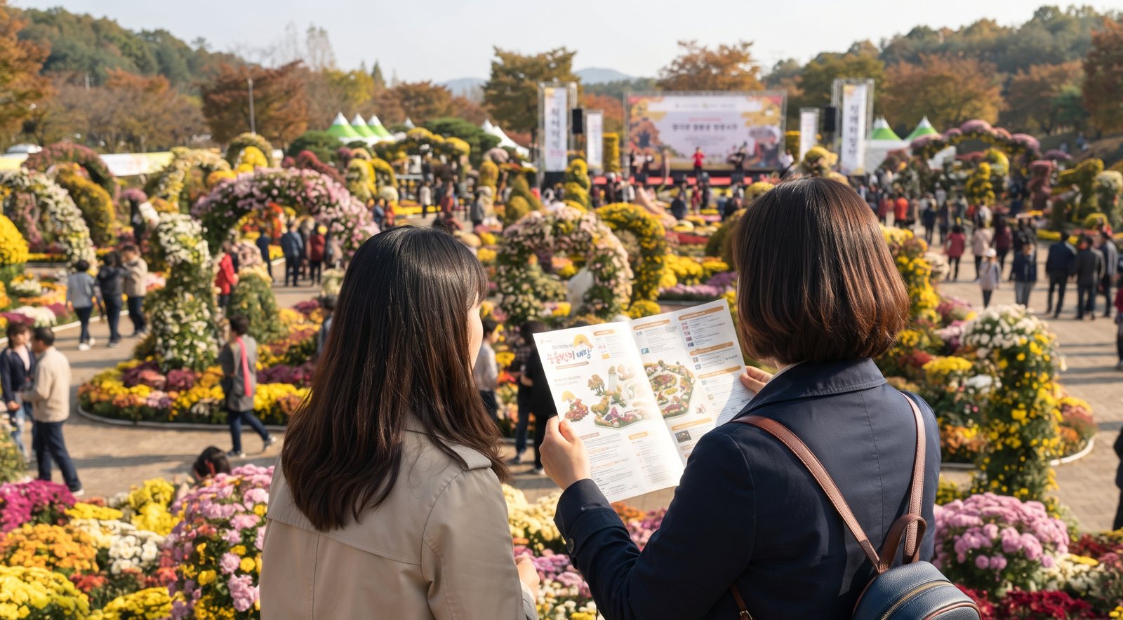 가을 야외 축제 공원에서 만개한 국화꽃 조형물을 감상하며 축제 리플릿을 확인하는 관람객들의 뒷모습
