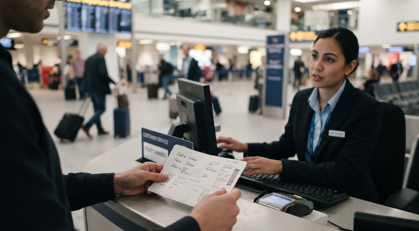 공항 카운터에서 항공권 일정 변경 및 환불을 문의하는 여행객