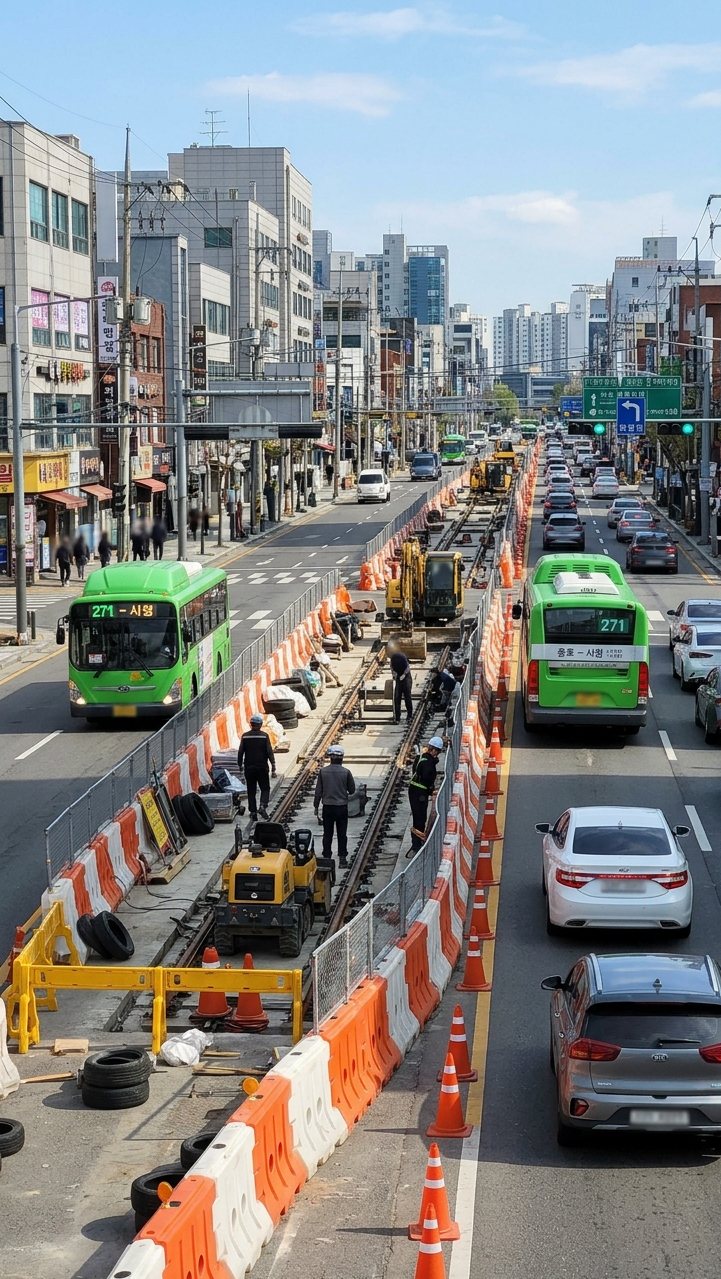 도심 도로의 차로 일부가 공사 펜스로 분리되어 있고 차량들이 서행하며 우회하는 장면