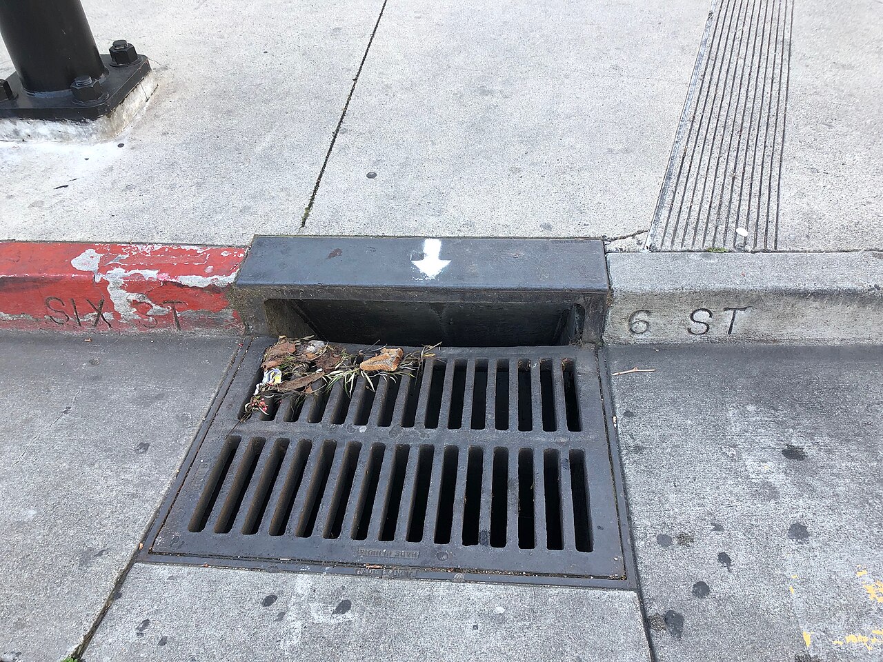 A storm drain along South Sixth Street at East Santa Clara Street in San Jose, C