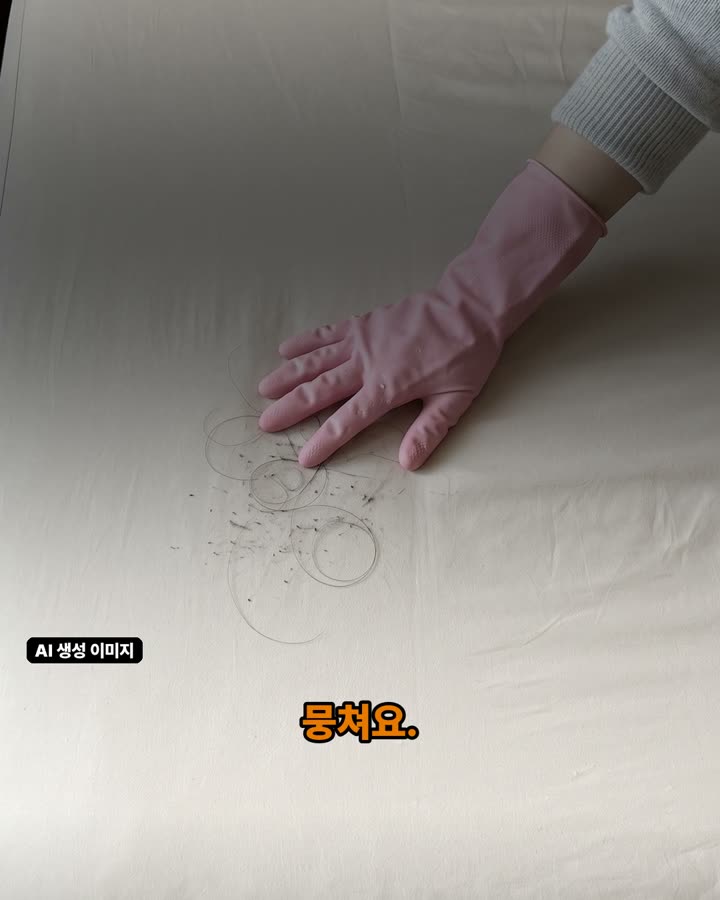젖은 고무장갑으로 머리카락과 먼지 뭉쳐내기 장면